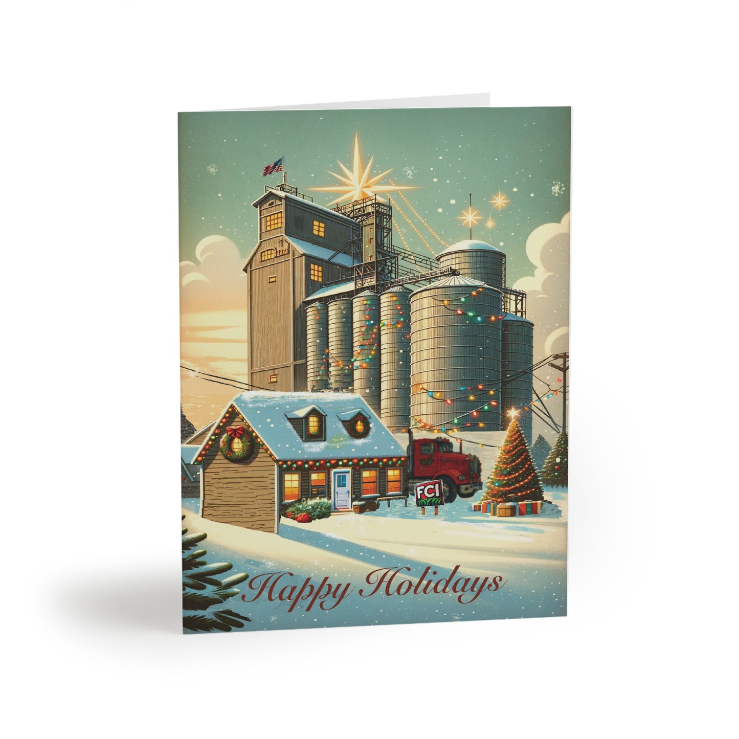Greeting Cards —Mill - Pack of 8/16/24 feature a snow-covered dusk scene with a lit farmhouse, Christmas decor, and a red delivery truck, conveying holiday warmth and joy.