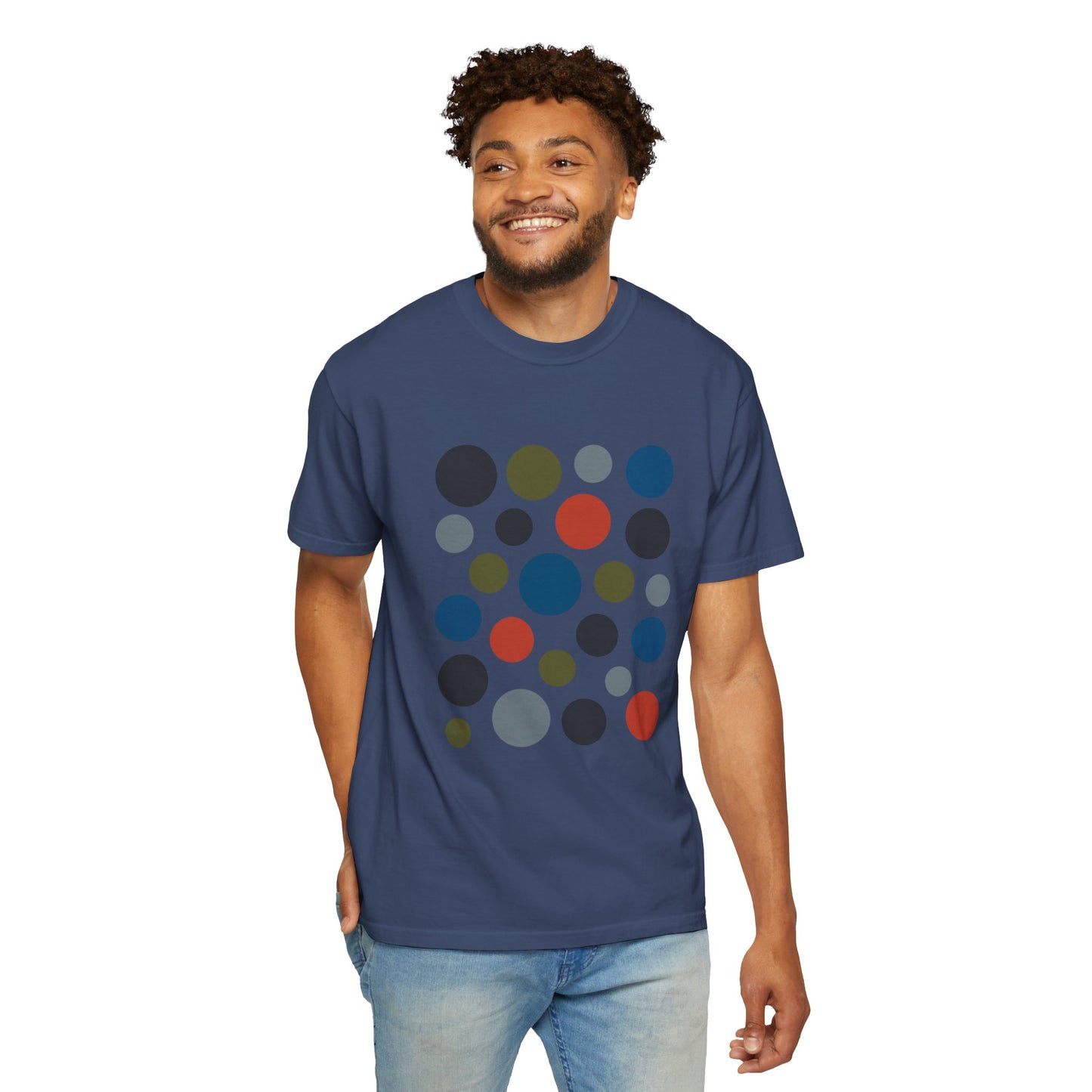 Abstract Circle Design in Modern Muted Tones T-Shirt showcasing a unique arrangement of solid circles. This stylish tee embodies FireBrook Essentials' commitment to comfort and artistic flair, perfect for casual or semi-formal occasions.