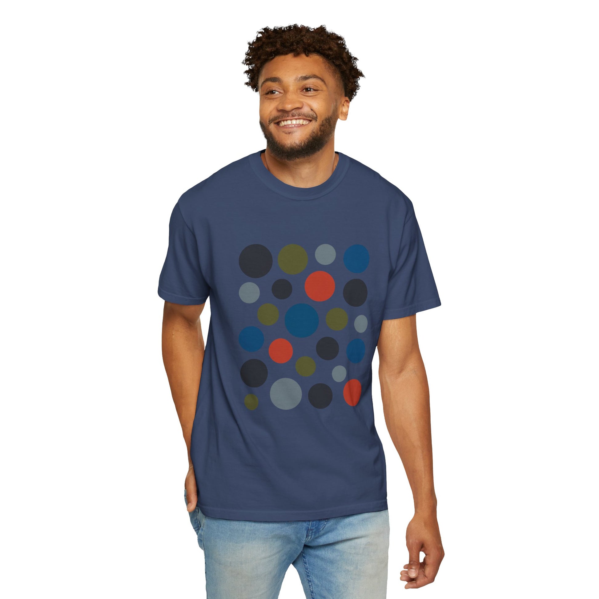 Abstract Circle Design in Modern Muted Tones T-Shirt showcasing a unique arrangement of solid circles. This stylish tee embodies FireBrook Essentials' commitment to comfort and artistic flair, perfect for casual or semi-formal occasions.