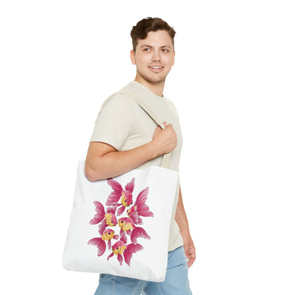 Fish Tote Bag - School of Fish Design: A durable, polyester tote adorned with a tranquil fish pattern, perfect for marine enthusiasts. Ideal for carrying essentials, featuring reinforced handles and boxed corners for extra space.
