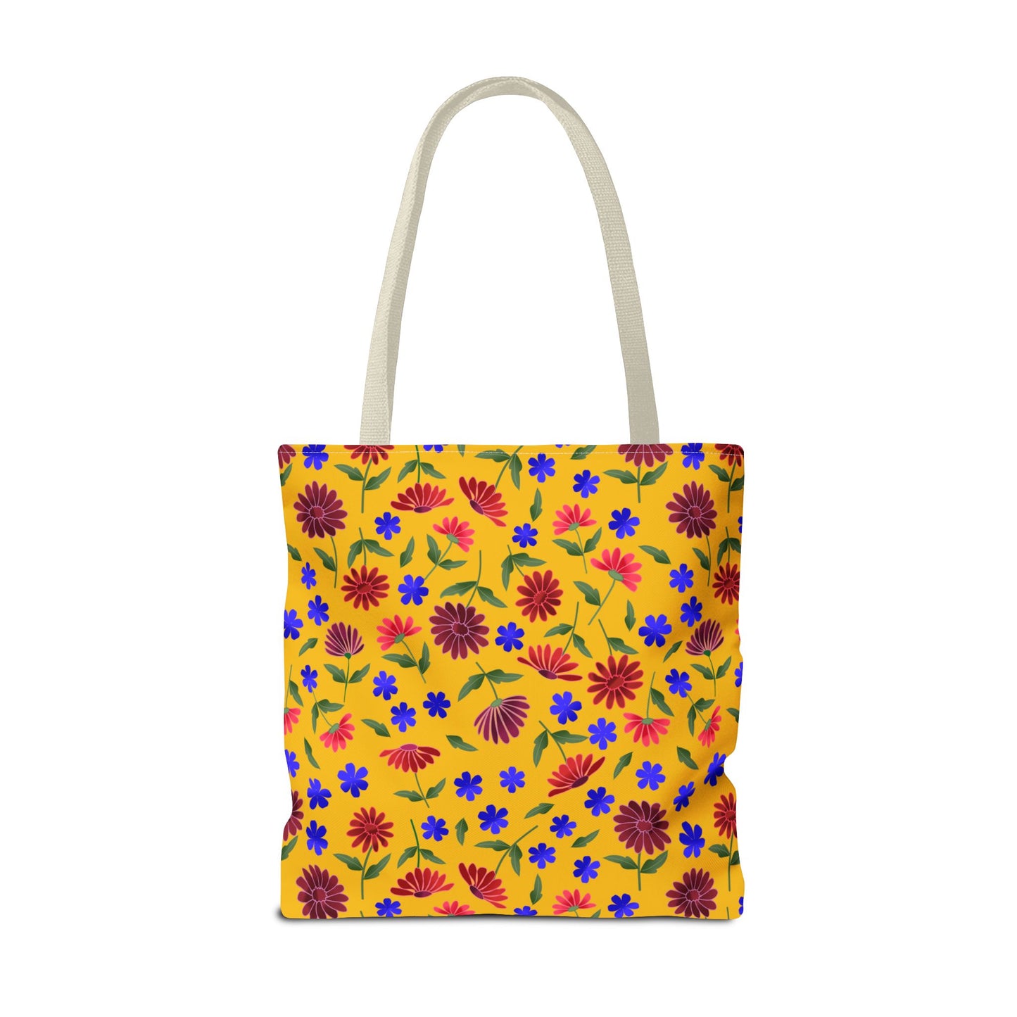 Golden Wildflower Tote Bag with vibrant yellow canvas, featuring red and maroon daisies, blue flowers, and green leaves. Natural straps complement this lively, spacious bag, embodying FireBrook Designs' cheerful, practical style.