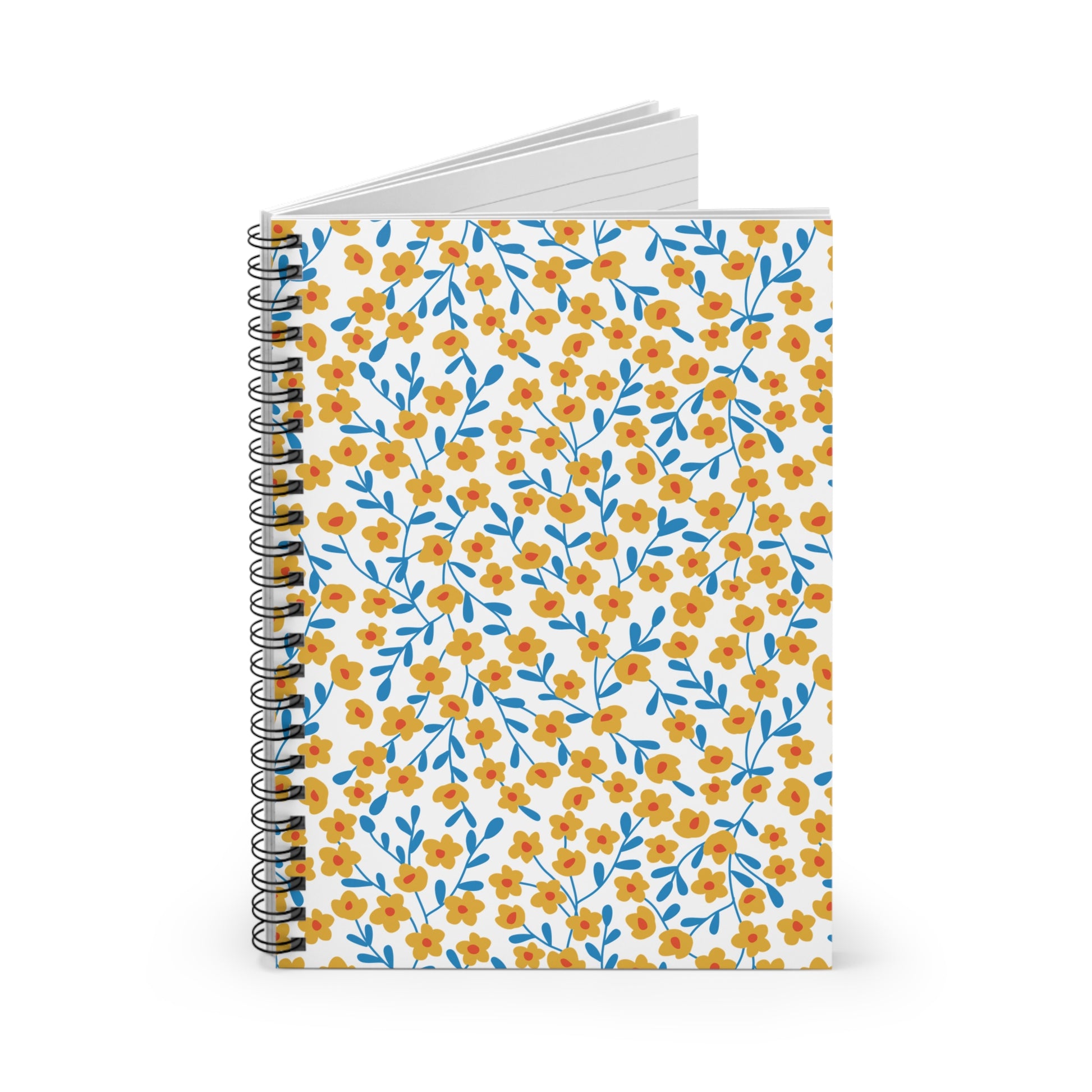 Floral Spiral Notebook with mustard-yellow flowers, blue leaves, and sleek black metal binding, perfect for jotting down ideas or journaling, embodying FireBrook Designs' uplifting and joyful essence.