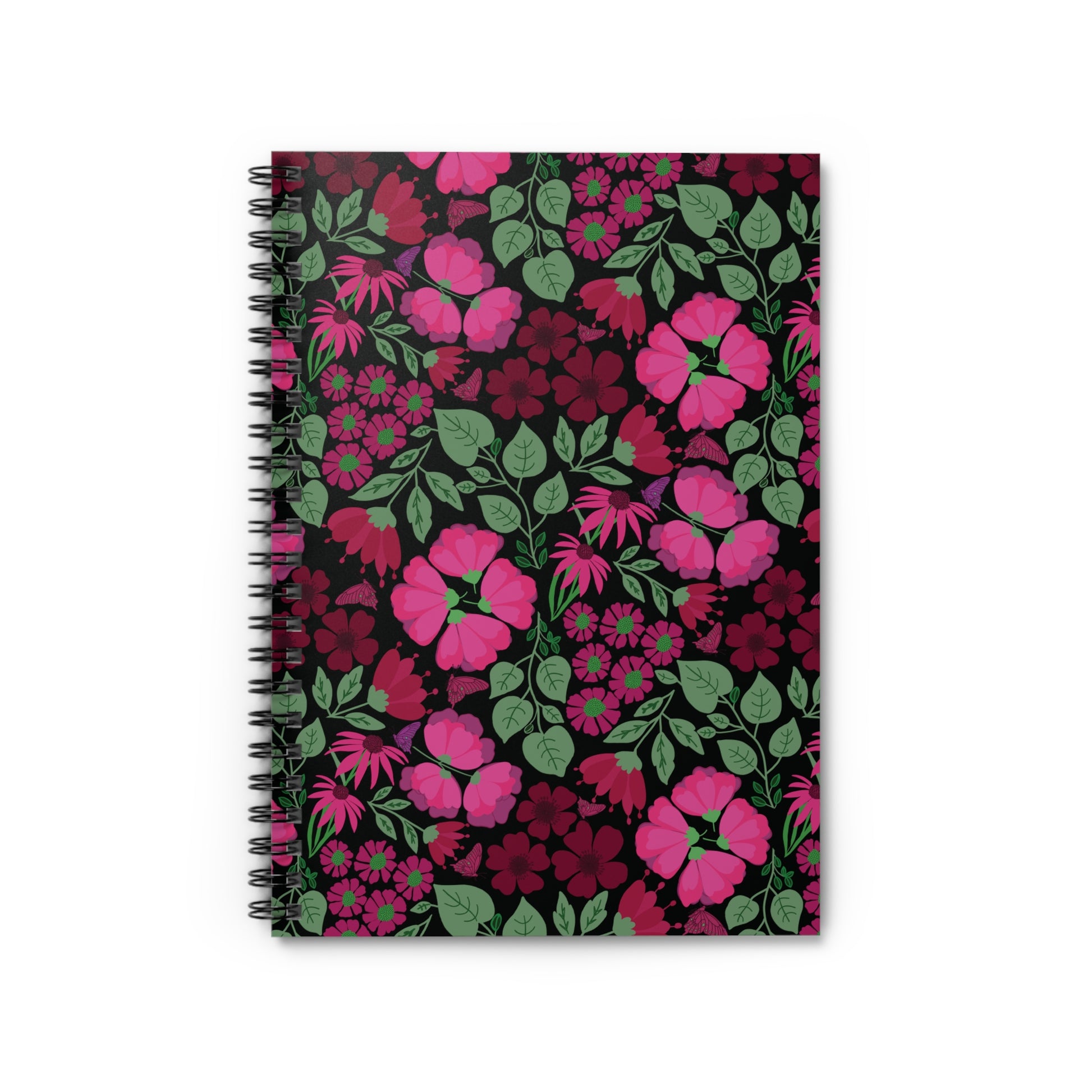 Floral Spiral Notebook with vibrant magenta and pink blossoms against black; features sleek metal binding and a compact design, perfect for creative expression and organization from FireBrook Designs.