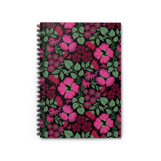 Floral Spiral Notebook with vibrant magenta and pink blossoms against black; features sleek metal binding and a compact design, perfect for creative expression and organization from FireBrook Designs.