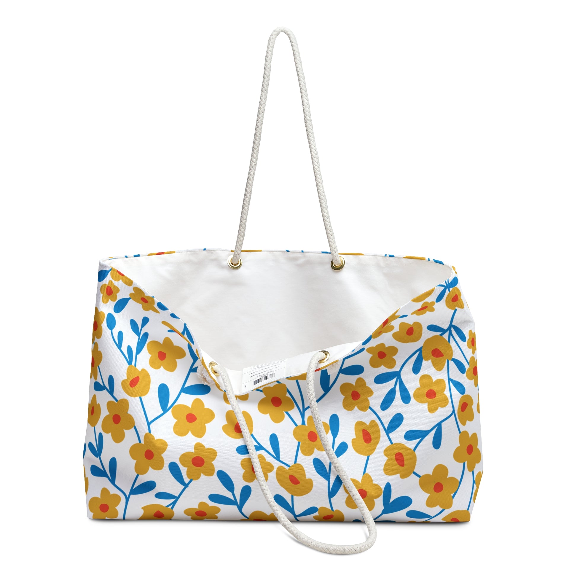 Weekender Bag with rope handles features a stylish floral pattern, ideal for travel. Its spacious design and luxurious interior make it both functional and fashionable, embodying FireBrook Essentials' uplifting style.