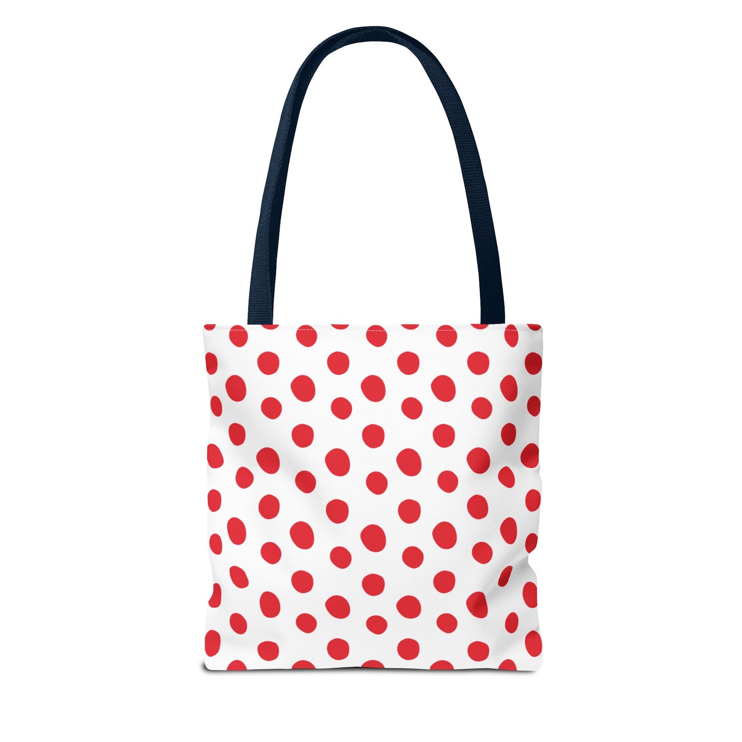 Red Polka Dots Tote Bag with black handles, featuring vibrant red polka dots on a white background. Ideal for everyday use, holidays, or outings, combining durability and style with a playful touch.
