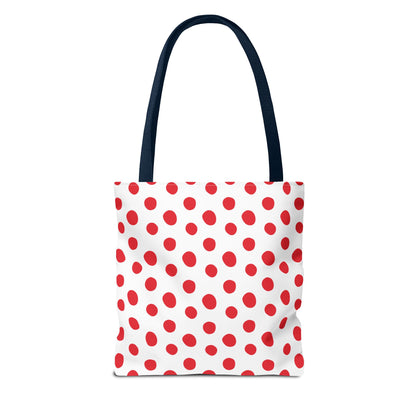 Red Polka Dots Tote Bag with black handles, featuring vibrant red polka dots on a white background. Ideal for everyday use, holidays, or outings, combining durability and style with a playful touch.