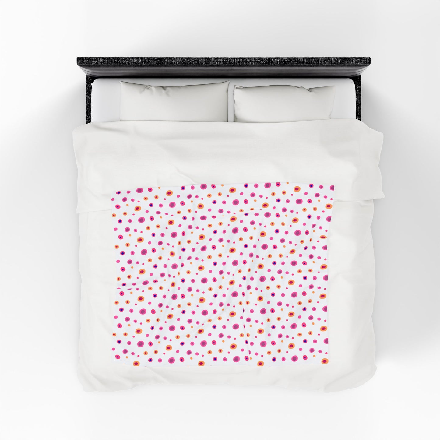 Circles Pink and Yellow (Medium) Velveteen Plush Blanket, showcasing a vibrant circular pattern and soft texture, perfect for cozying up. A FireBrook Essentials product, emphasizing comfort and style for joyful, relaxing moments.