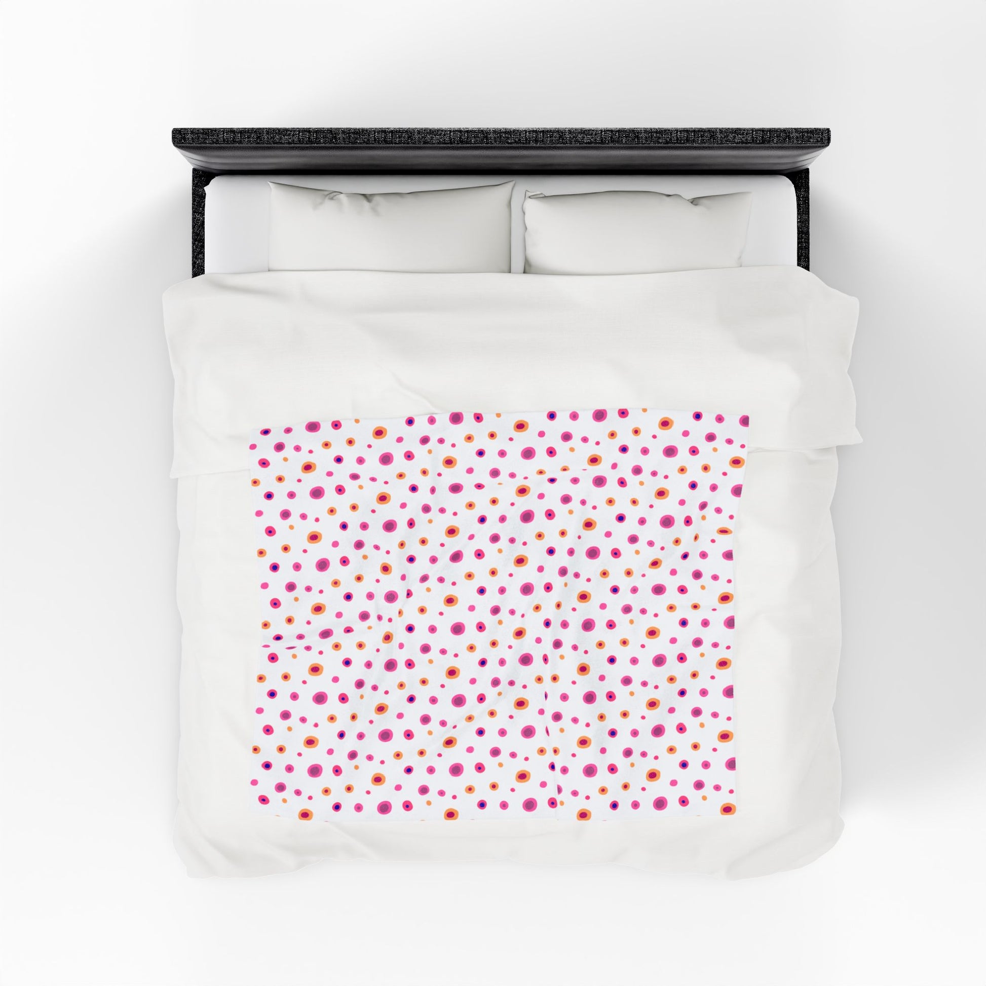 Circles Pink and Yellow (Medium) Velveteen Plush Blanket, showcasing a vibrant circular pattern and soft texture, perfect for cozying up. A FireBrook Essentials product, emphasizing comfort and style for joyful, relaxing moments.