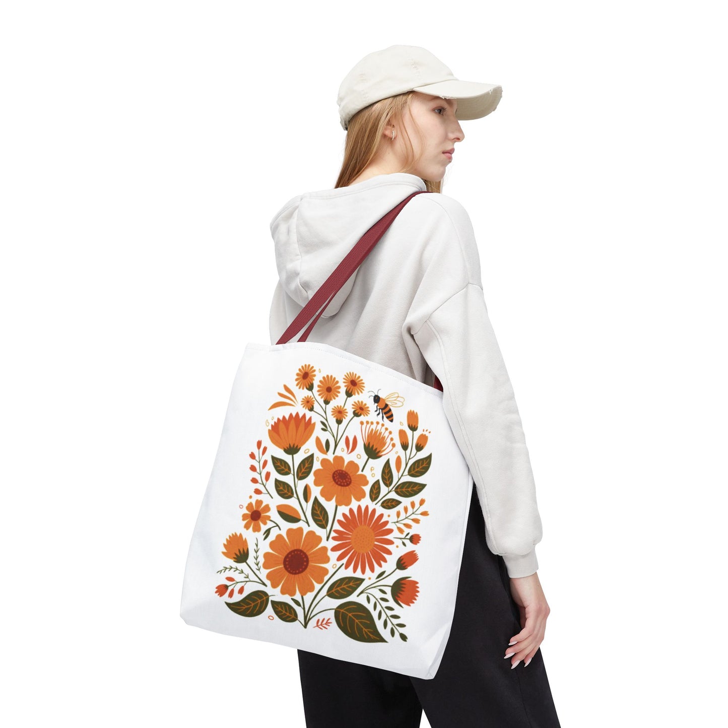 Folk Floral Tote Bag featuring vibrant hand-drawn wildflowers on a white background. Perfect for daily use, this durable polyester tote embodies FireBrook Essentials' cheerful and stylish spirit.