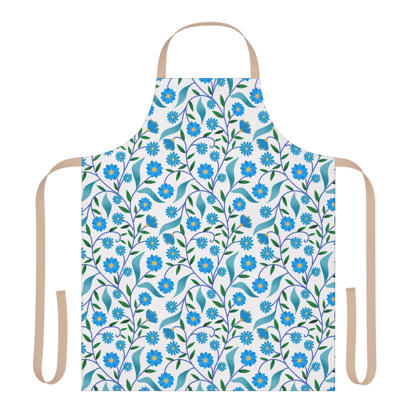 Apron Floral Design by FireBrook Designs features a charming blue-flower and green-leaf vine pattern on white, with tan straps. Made from soft, stain-free polyester canvas, it's perfect for joyful cooking and crafting.
