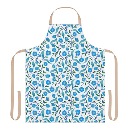 Apron Floral Design by FireBrook Designs features a charming blue-flower and green-leaf vine pattern on white, with tan straps. Made from soft, stain-free polyester canvas, it's perfect for joyful cooking and crafting.