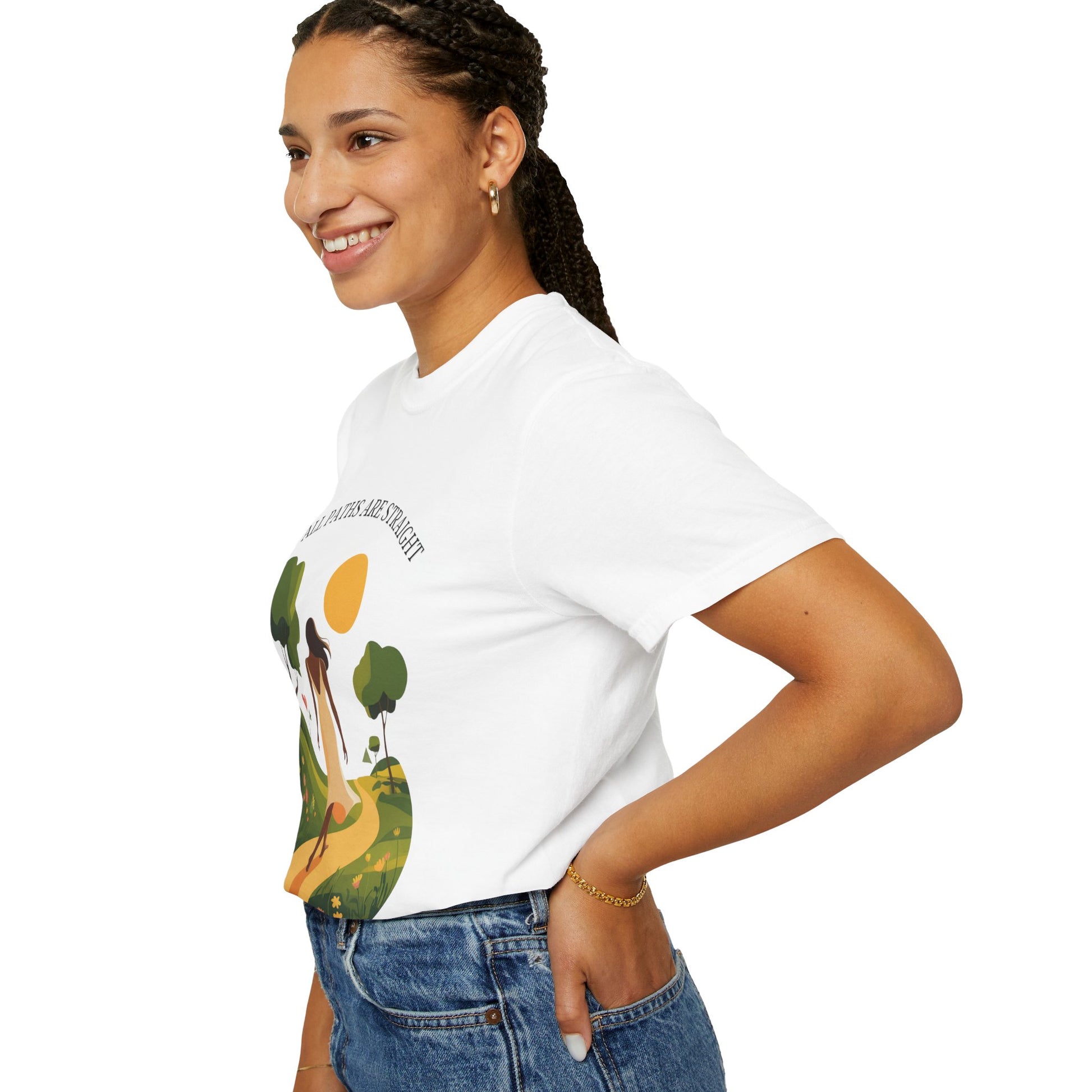 Inspirational Message T-Shirt featuring a woman smiling, hand on hip, showcasing the soft, garment-dyed fabric and relaxed fit, perfect for casual, inspirational wear.