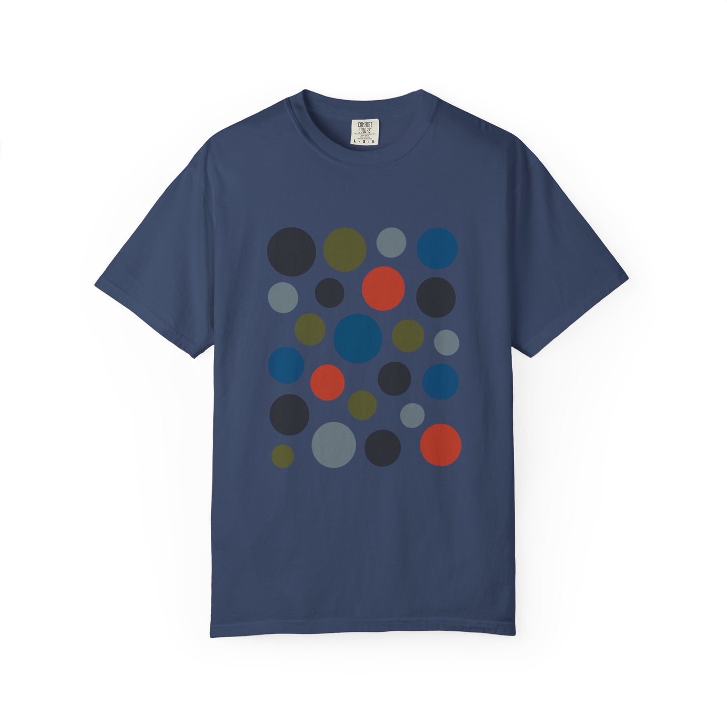 Abstract Circle Design in Modern Muted Tones T-Shirt featuring varied solid circles, perfect for art lovers. Made from soft, durable, 100% ring-spun cotton, ideal for casual or semi-formal occasions.