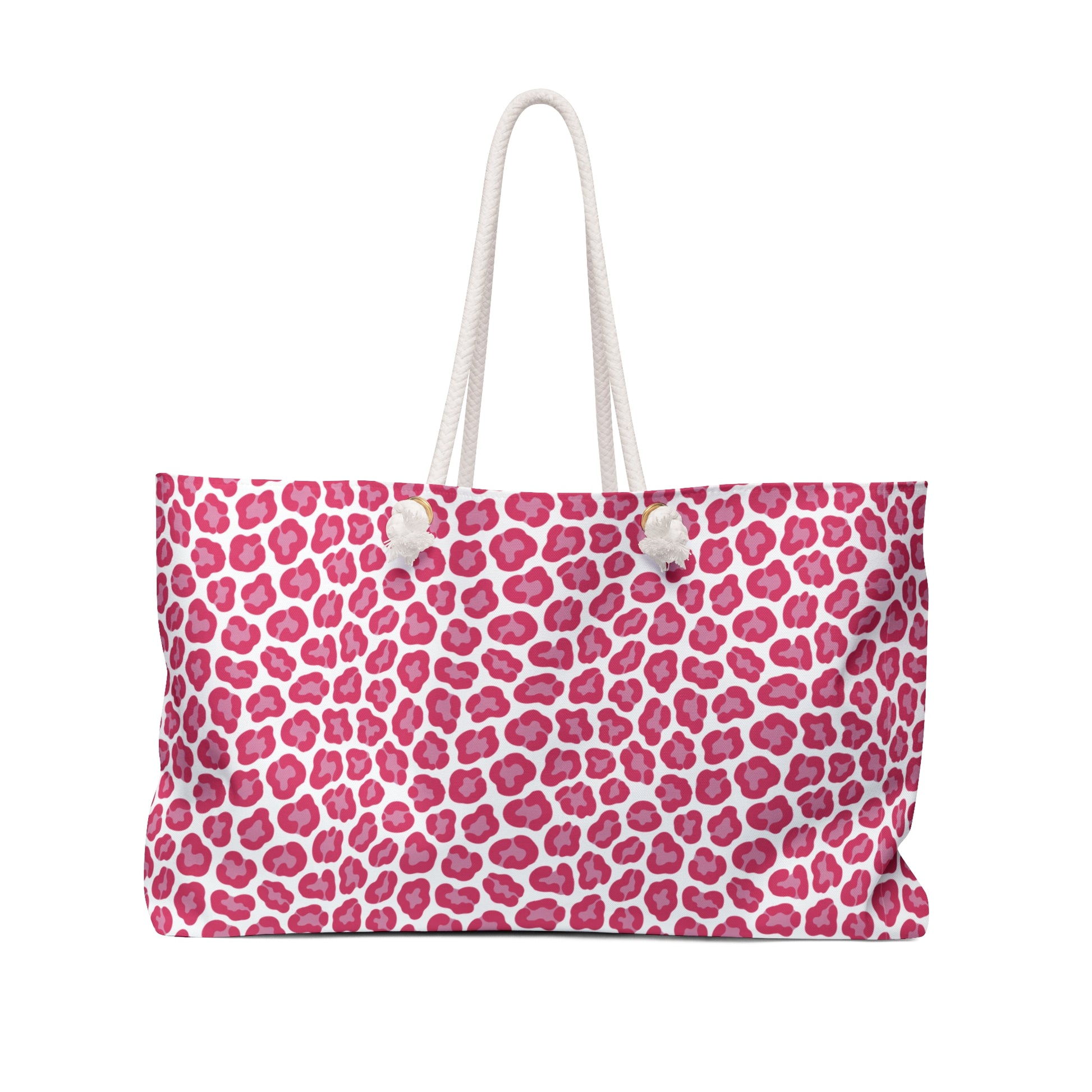 Cheetah Weekender Bag with bold pink and white leopard print, featuring cream rope handles and a durable cream interior lining, designed for stylish and adventurous travel enthusiasts.