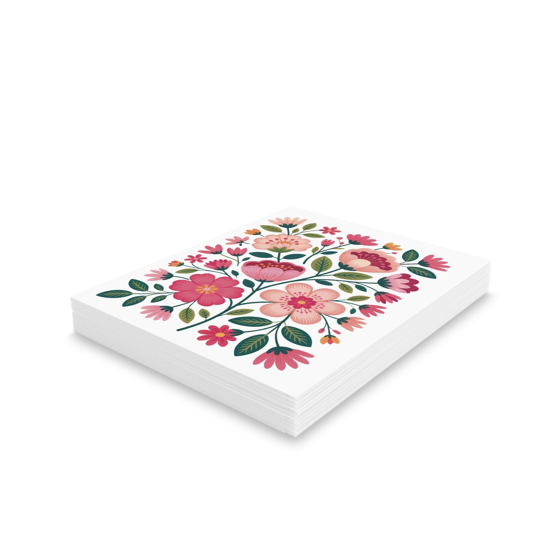 Flower Greeting Cards — Pack of 8/16/24, featuring a vibrant pink-and-green floral pattern, folded and ready to write, with matching white envelopes, perfect for heartfelt messages.