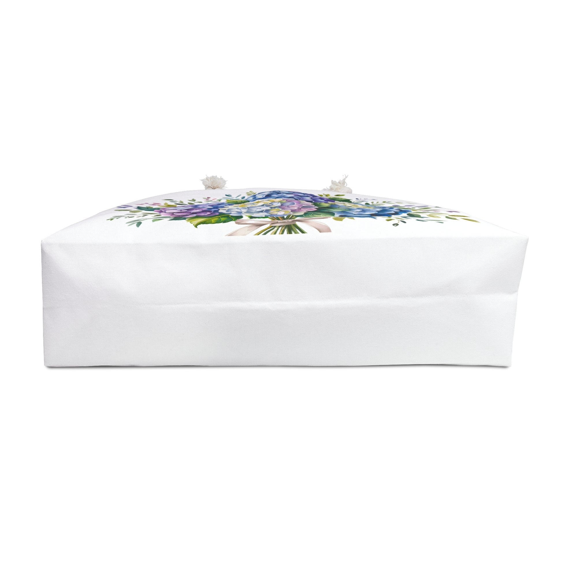 Weekender Bag - Hydrangea Bouquet: A stylish bag adorned with a hydrangea bouquet design, featuring rope handles and a spacious T-bottom, perfect for travel and adding a touch of elegance to your journey.