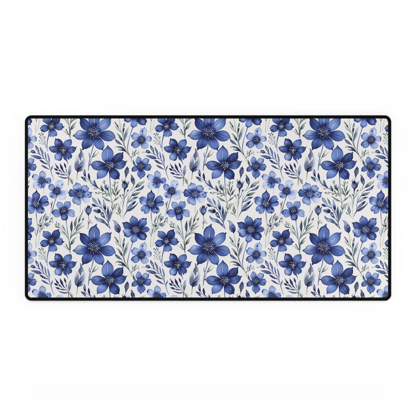 Floral Desk Mat, Blue Botanical Workspace Decor; a close-up of an intricately patterned desk mat featuring vibrant floral motifs, ideal for enhancing home office aesthetics and providing a cheerful, stylish touch to any workspace.
