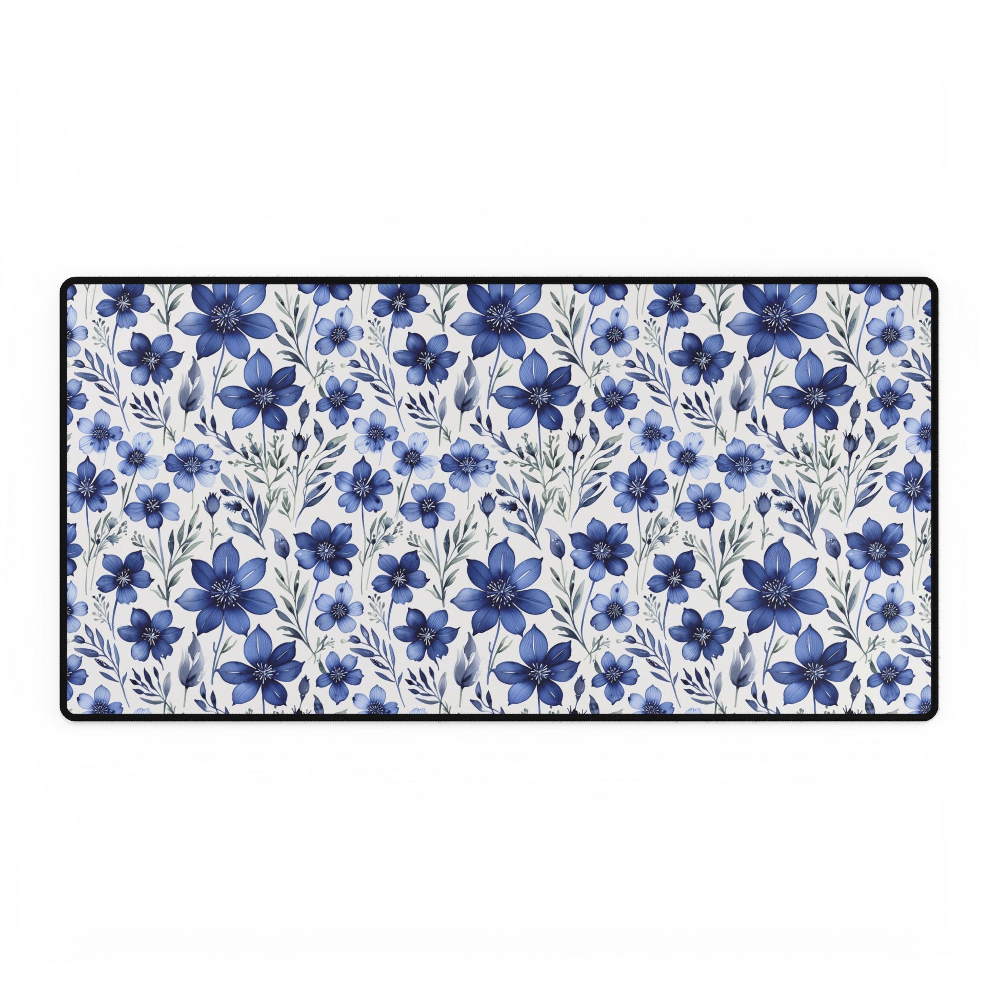 Floral Desk Mat, Blue Botanical Workspace Decor; a close-up of an intricately patterned desk mat featuring vibrant floral motifs, ideal for enhancing home office aesthetics and providing a cheerful, stylish touch to any workspace.