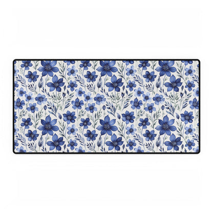 Floral Desk Mat, Blue Botanical Workspace Decor; a close-up of an intricately patterned desk mat featuring vibrant floral motifs, ideal for enhancing home office aesthetics and providing a cheerful, stylish touch to any workspace.