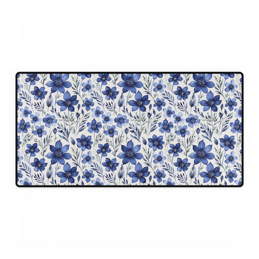 Floral Desk Mat, Blue Botanical Workspace Decor; a close-up of an intricately patterned desk mat featuring vibrant floral motifs, ideal for enhancing home office aesthetics and providing a cheerful, stylish touch to any workspace.