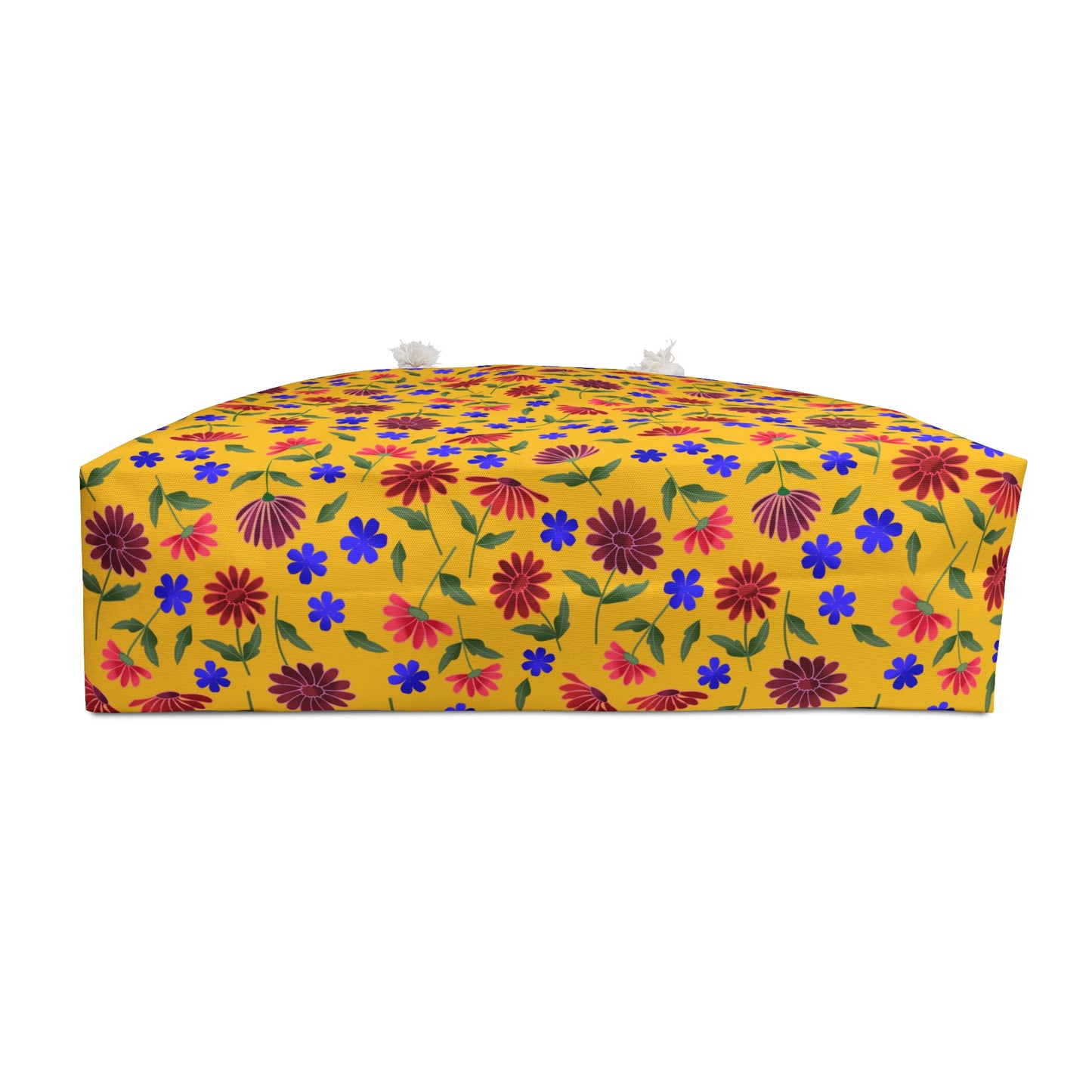 Yellow Floral Weekender Bag — Bright Boho Travel Tote in vibrant mustard-yellow with lively floral patterns, features sturdy cream rope handles and a structured T-bottom, perfect for cheerful, stylish travels.