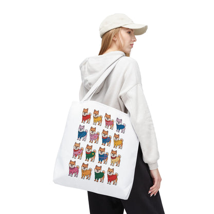 Shiba Inu Grid Tote Bag with Colorful Outfits features Shiba Inus in unique, vibrant outfits on a durable polyester tote, ideal for dog lovers and adding whimsy to daily errands.