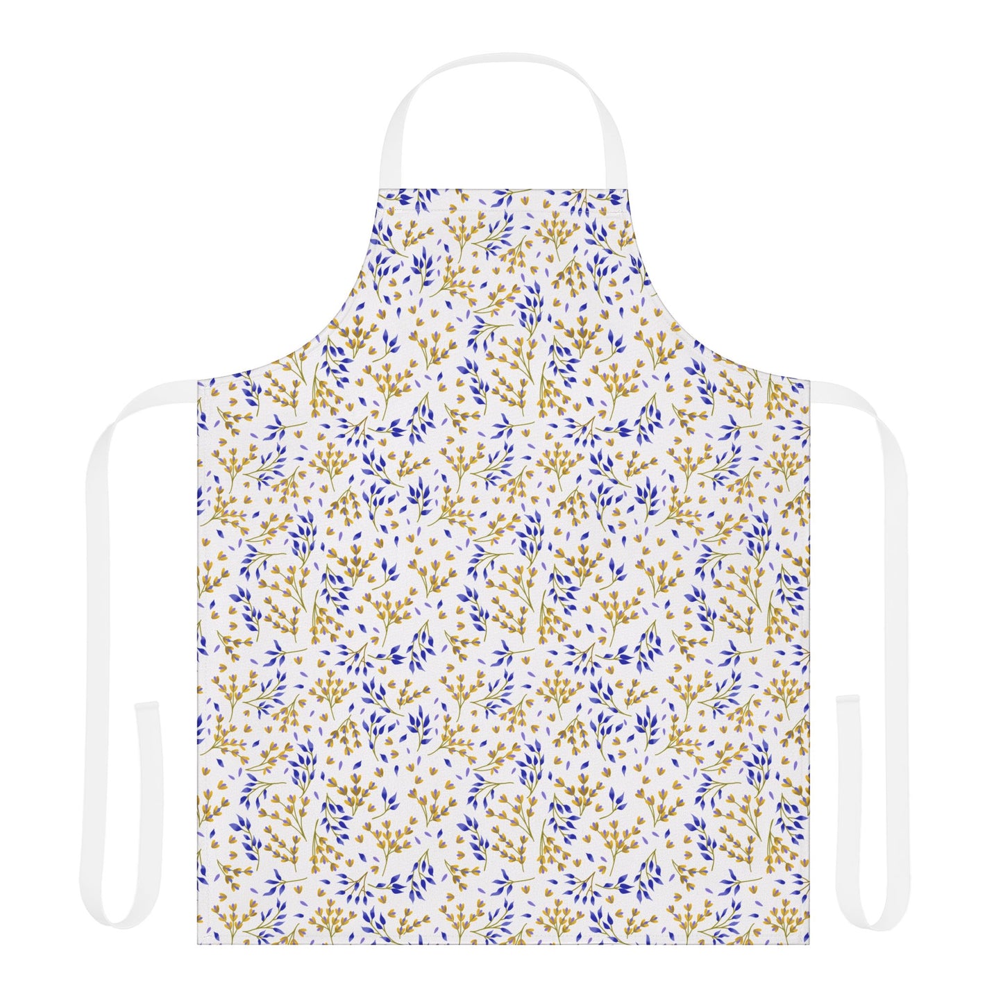 Floral Apron from FireBrook Designs features a full-coverage design with delicate blue and gold botanical motifs on polyester canvas, offering comfort and style for cooking or crafting.