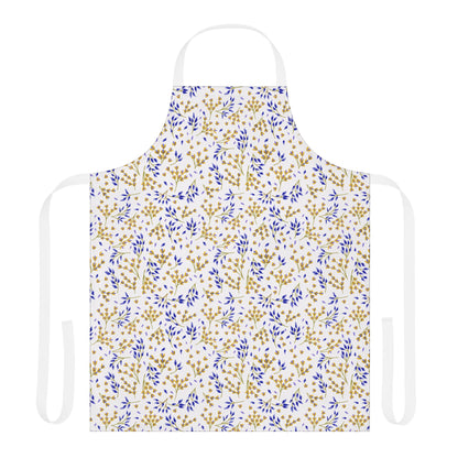 Floral Apron from FireBrook Designs features a full-coverage design with delicate blue and gold botanical motifs on polyester canvas, offering comfort and style for cooking or crafting.