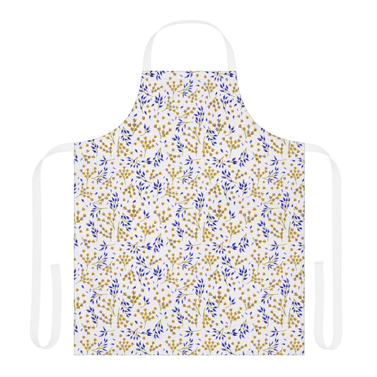 Floral Apron from FireBrook Designs features a full-coverage design with delicate blue and gold botanical motifs on polyester canvas, offering comfort and style for cooking or crafting.