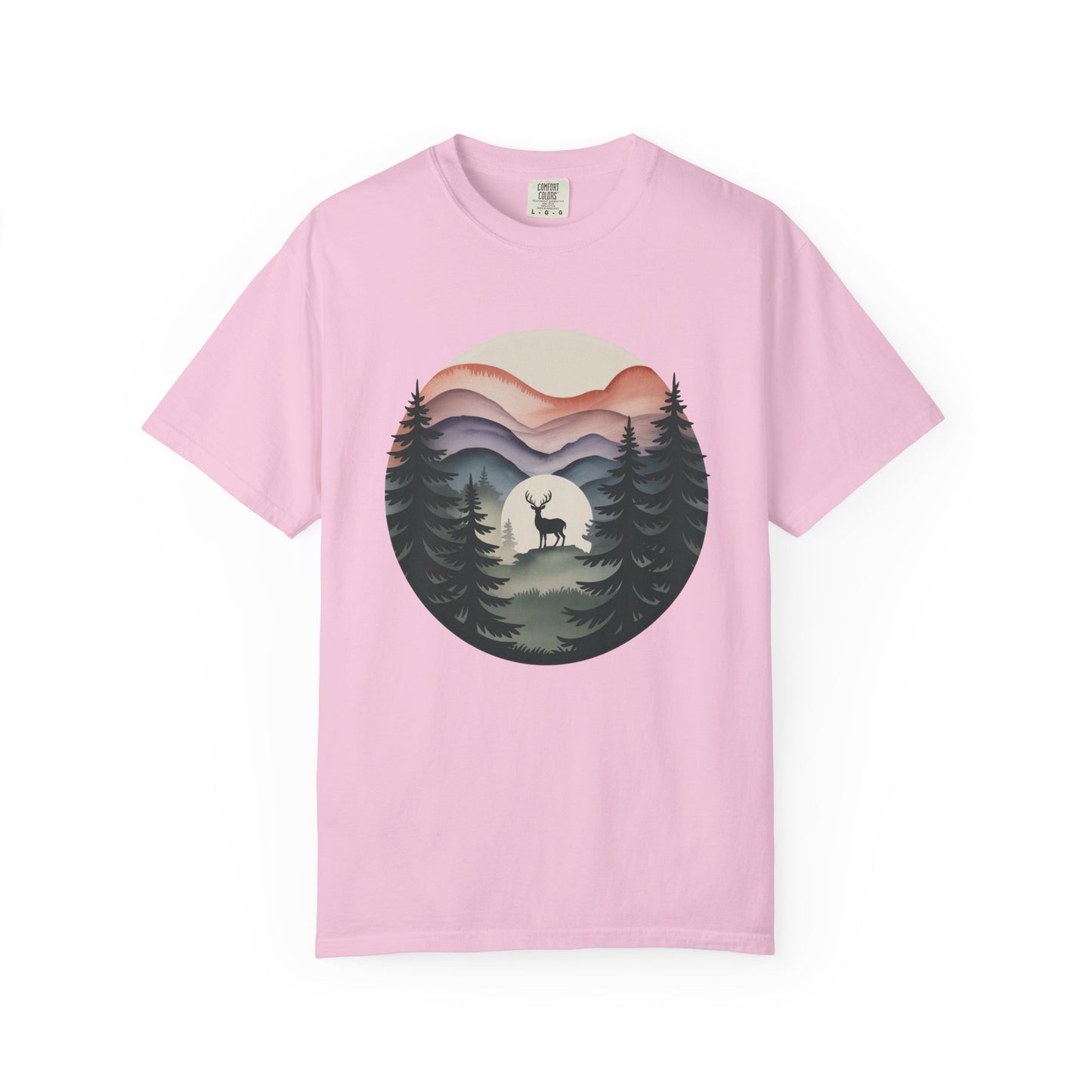 The Nature Wanderer T-Shirt showcases a serene sage-green design with indigo-to-lavender mountain silhouettes and a minimalist stag, ideal for nature lovers seeking comfort and tranquility.