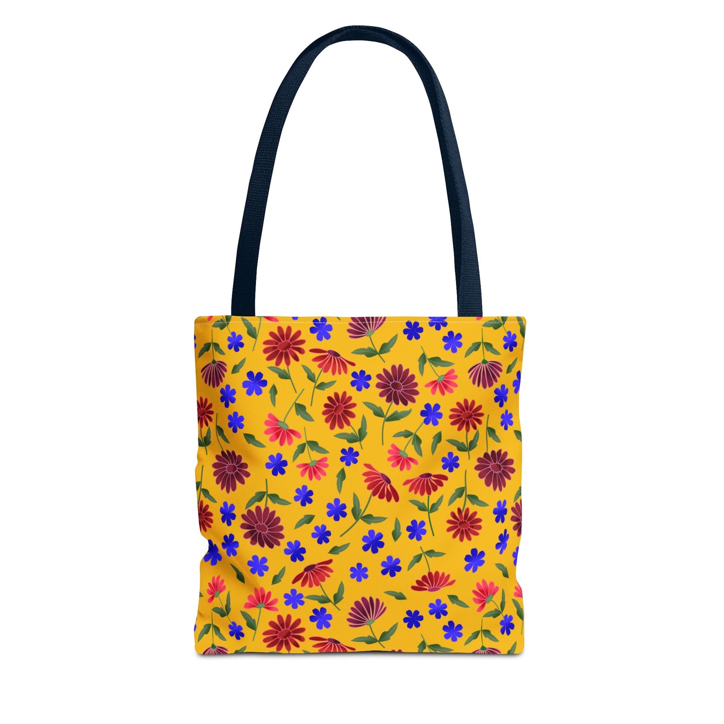Golden Wildflower Tote Bag with navy handles features a vibrant yellow background adorned with red and pink daisies, blue flowers, and green leaves, embodying FireBrook Designs' joyous, practical style.