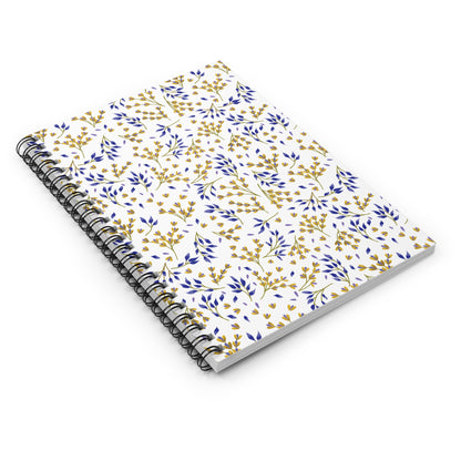 SPIRAL NOTEBOOK, DURABLE COVER, RULED, 6X8 – SPRING BRANCHES, featuring a white cover with gold and blue leafy sprigs, lies flat, showcasing its stylish metal spiral and eco-friendly design.