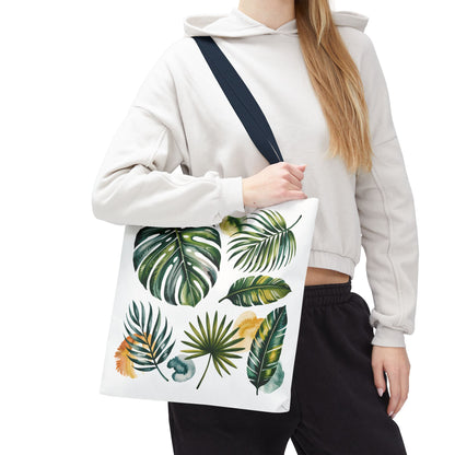 Tropical Leaves Tote Bag close-up featuring lush leaf patterns, emphasizing its durable polyester material and spacious design, perfect for stylish, eco-conscious individuals at FireBrook Designs. Ideal for beach outings and everyday use.
