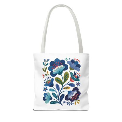 Vintage Folk Art Design Blue Floral Tote Bag with a charming floral pattern, perfect for daily use or special occasions. Features durable polyester, reinforced handles, and available in multiple sizes from FireBrook Essentials.