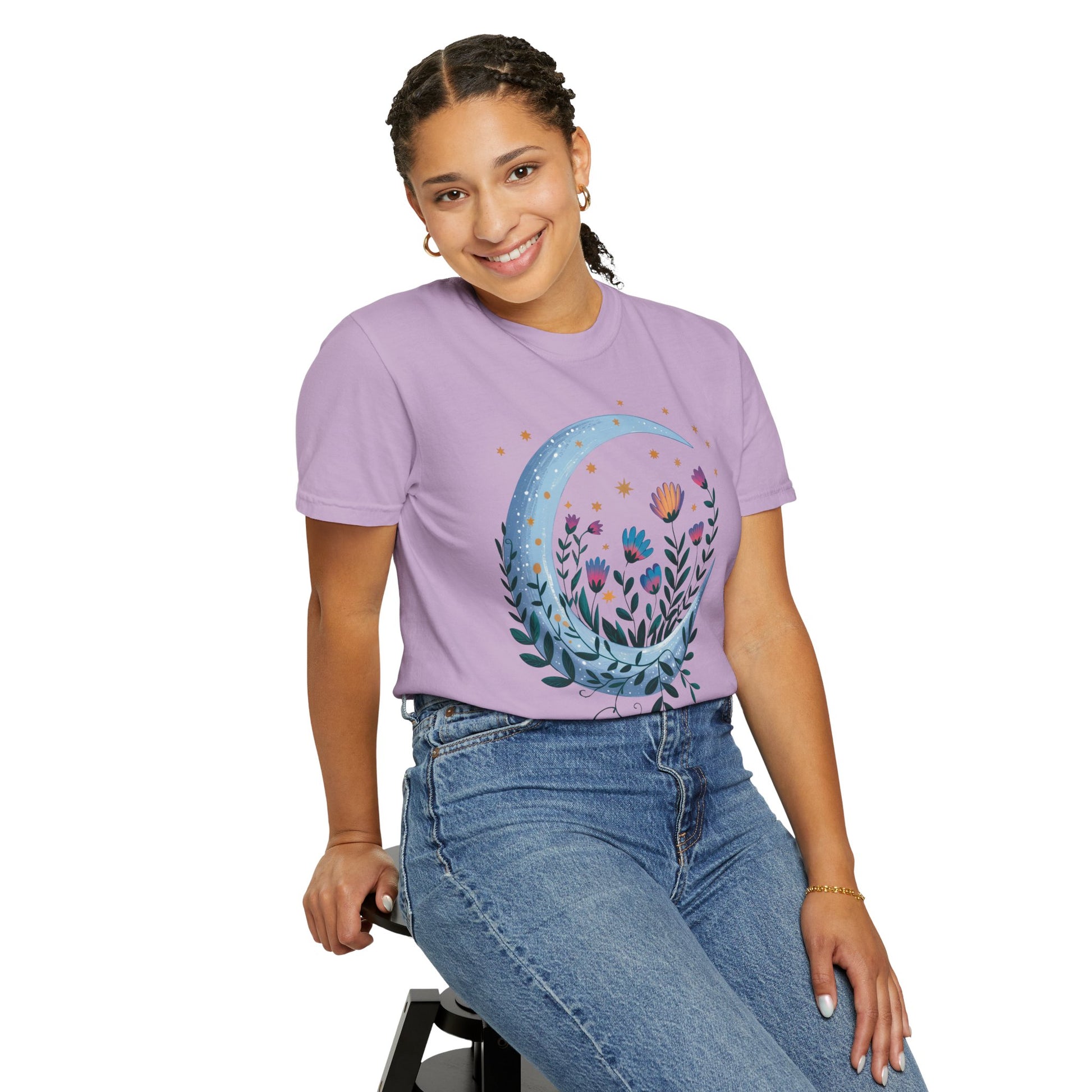 Crescent Moon with Flowers T-Shirt features a bohemian design with a crescent moon and floral pattern. It's perfect for casual wear, embodying FireBrook Essentials' ethos of comfort and stylish positivity.