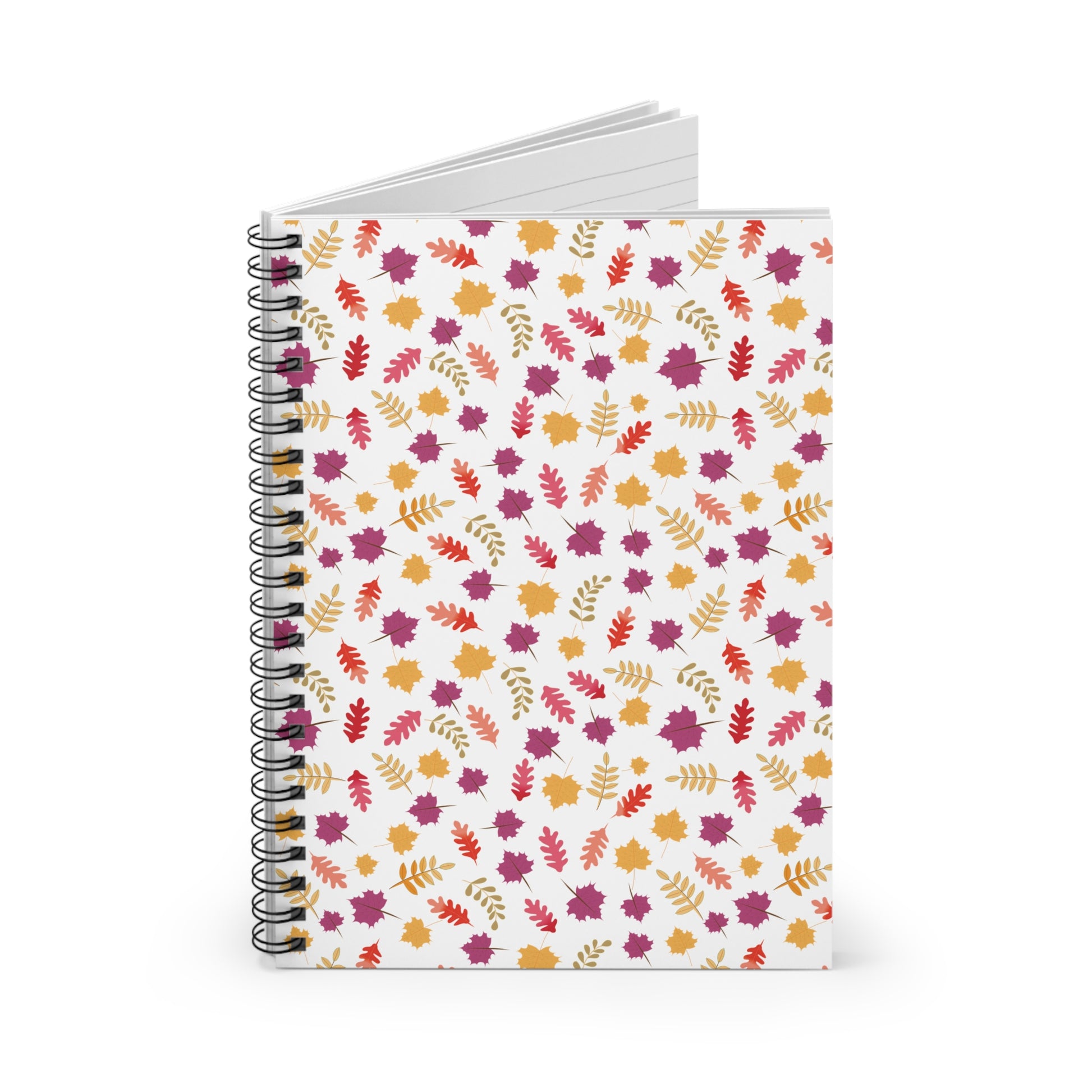Floral Spiral Notebook with a vibrant pattern of autumnal leaves on the cover, featuring a sleek metal spiral binding for easy page turning, ideal for creative journaling and note-taking.