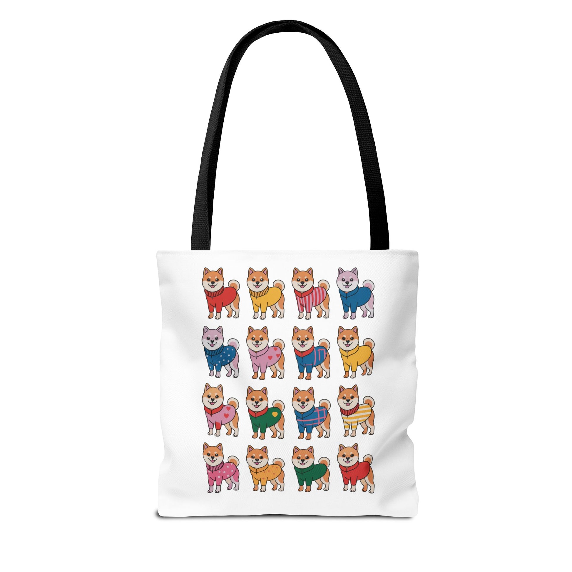 Shiba Inu Grid Tote Bag with Colorful Outfits: A lively tote featuring Shiba Inus in vibrant outfits, perfect for dog lovers seeking a whimsical, durable bag for everyday use.