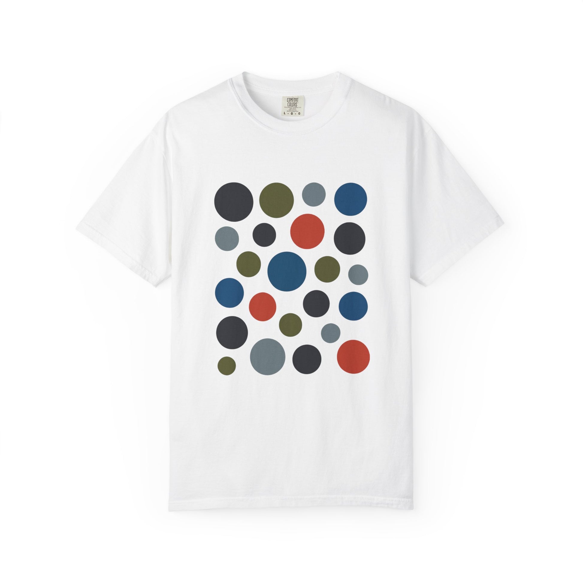 Abstract Circle Design in Modern Muted Tones T-Shirt featuring non-repetitive solid circles, offering a stylish, artistic vibe. Ideal for casual or semi-formal wear, embodying FireBrook Essentials' comfort and positivity-focused ethos.