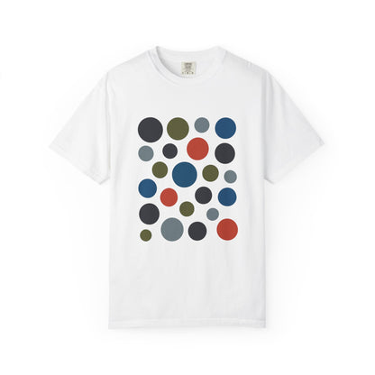 Abstract Circle Design in Modern Muted Tones T-Shirt featuring non-repetitive solid circles, offering a stylish, artistic vibe. Ideal for casual or semi-formal wear, embodying FireBrook Essentials' comfort and positivity-focused ethos.