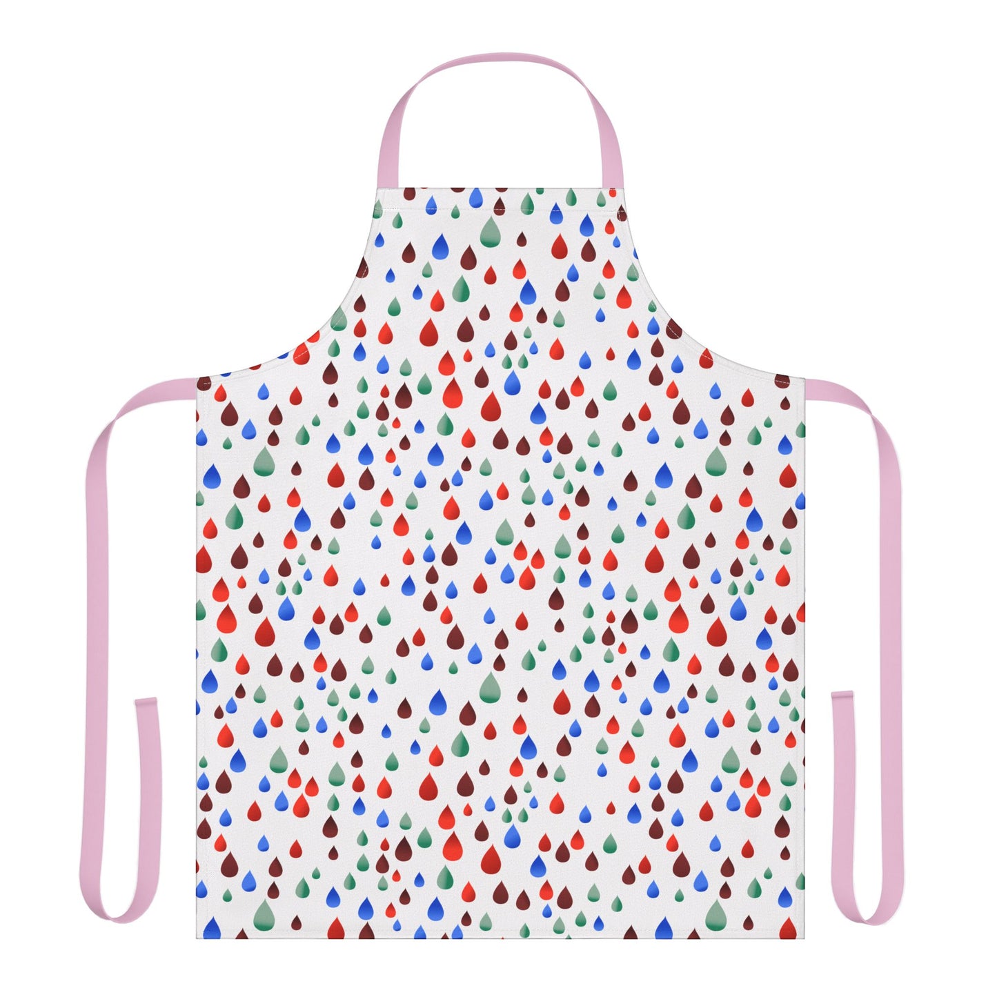 Happy Raindrops Apron features colorful raindrop motifs on a white background, pale pink ties, and soft polyester canvas, embodying FireBrook Designs' style of comfort and joy.