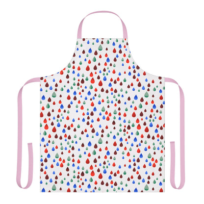 Happy Raindrops Apron features colorful raindrop motifs on a white background, pale pink ties, and soft polyester canvas, embodying FireBrook Designs' style of comfort and joy.