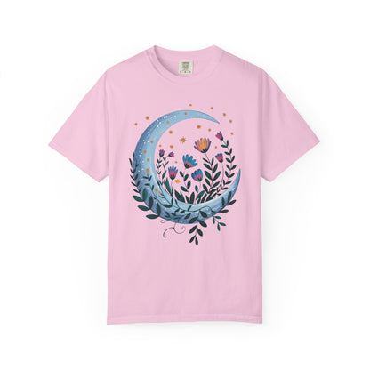 Crescent Moon with Flowers T-Shirt features a bohemian design with a crescent moon and floral accents. Ideal for casual wear, reflecting FireBrook Essentials' commitment to stylish, comfortable apparel.