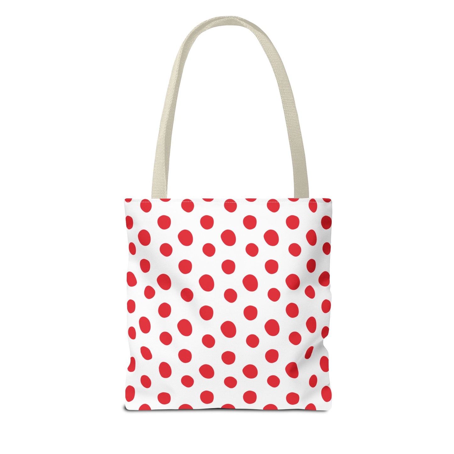 Red Polka Dots Tote Bag with a playful design featuring red polka dots, perfect for everyday use. Durable polyester with reinforced handles, ideal for errands, beach trips, or festive occasions.