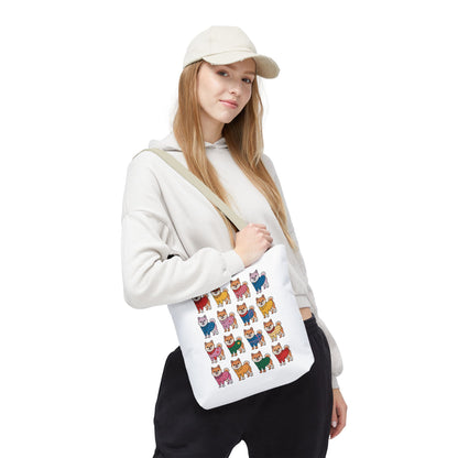 Shiba Inu Grid Tote Bag with Colorful Outfits: A vibrant tote featuring Shiba Inus in playful attire, perfect for dog lovers seeking a whimsical accessory for daily errands.