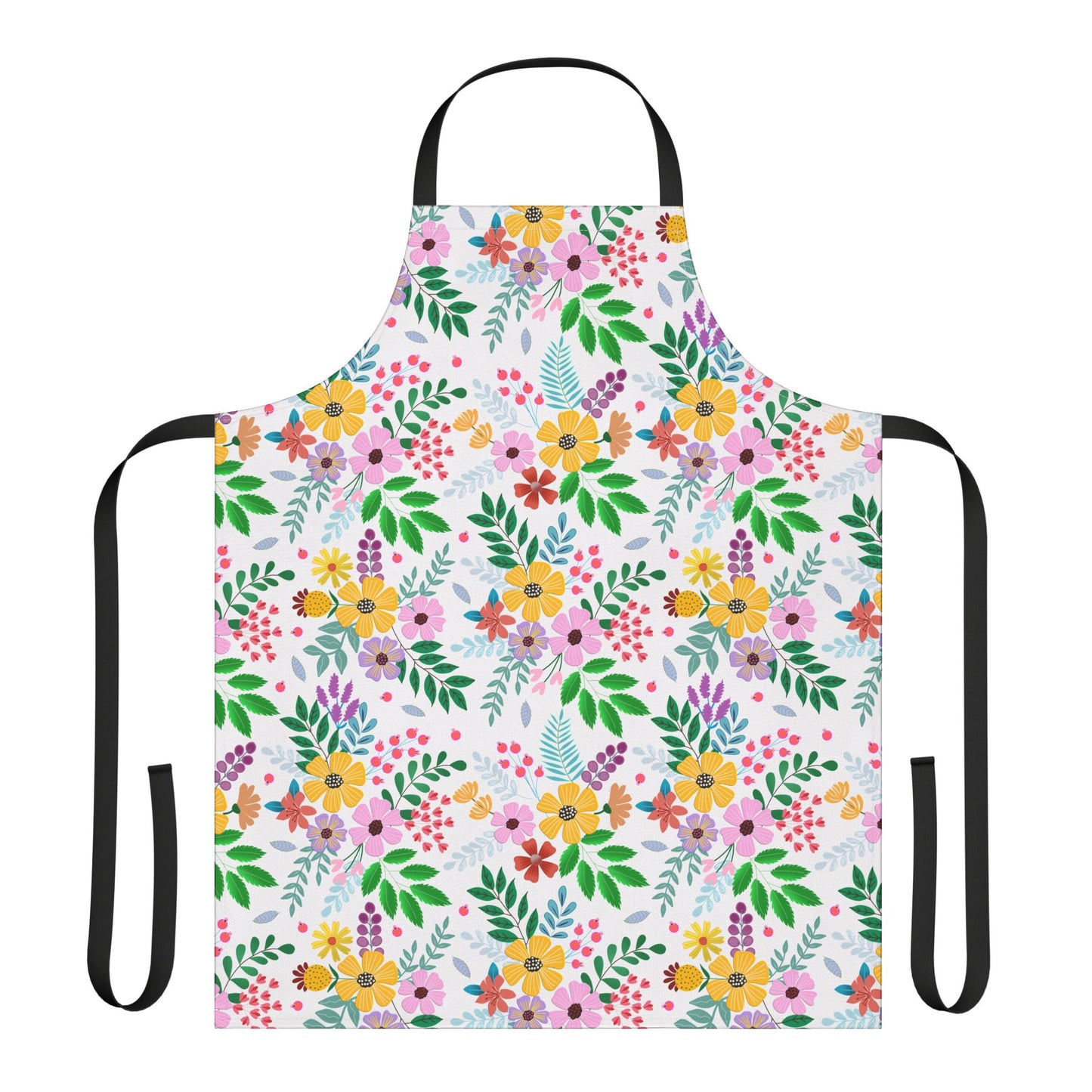 Floral Apron: Vibrant multicolored floral-patterned kitchen apron featuring black neck and waist straps. Made of stain-free polyester canvas for comfort, ideal for cooking or crafting. 