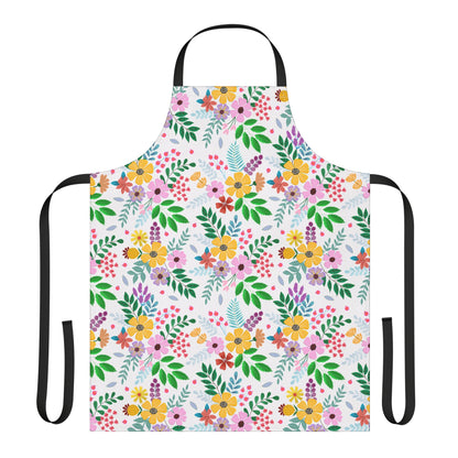 Floral Apron: Vibrant multicolored floral-patterned kitchen apron featuring black neck and waist straps. Made of stain-free polyester canvas for comfort, ideal for cooking or crafting. 