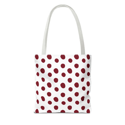 Burgundy Polka Dots Tote Bag features a stylish, durable design with red polka dots, ideal for everyday use. Perfect for adding a touch of classic elegance to any occasion.