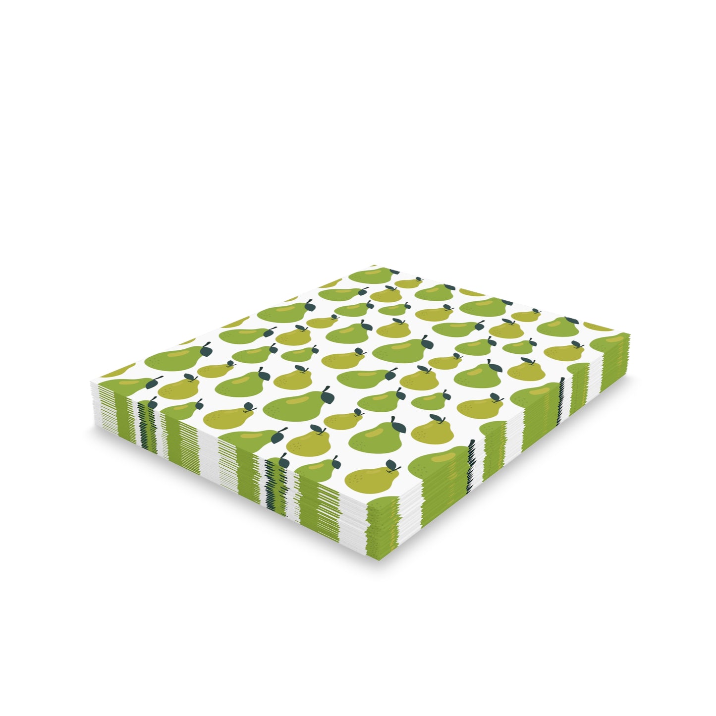 Pear Greeting Cards — Pack of 8/16/24 feature a neat stack of paper napkins with a stylized green pear pattern on a white background, capturing cheerful, uplifting designs from FireBrook Essentials.