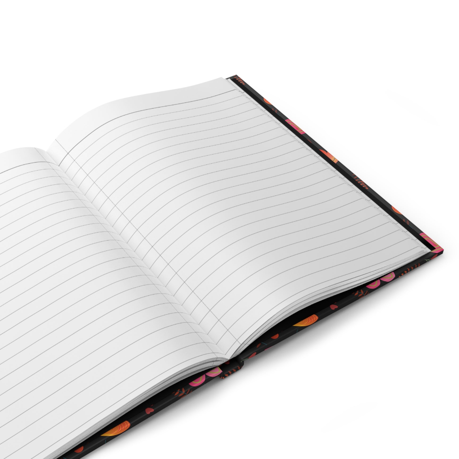 HARDCOVER JOURNAL, MATTE, RULED, 5X7, SEWN BIND, CLEAN-TEAR PAGES displayed open, showcasing lined pages with a vibrant floral-and-heart patterned cover. Ideal for stylish, joyful note-taking from FireBrook Designs.
